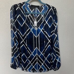 White House Black Market Blue and Black Geometric Blouse
